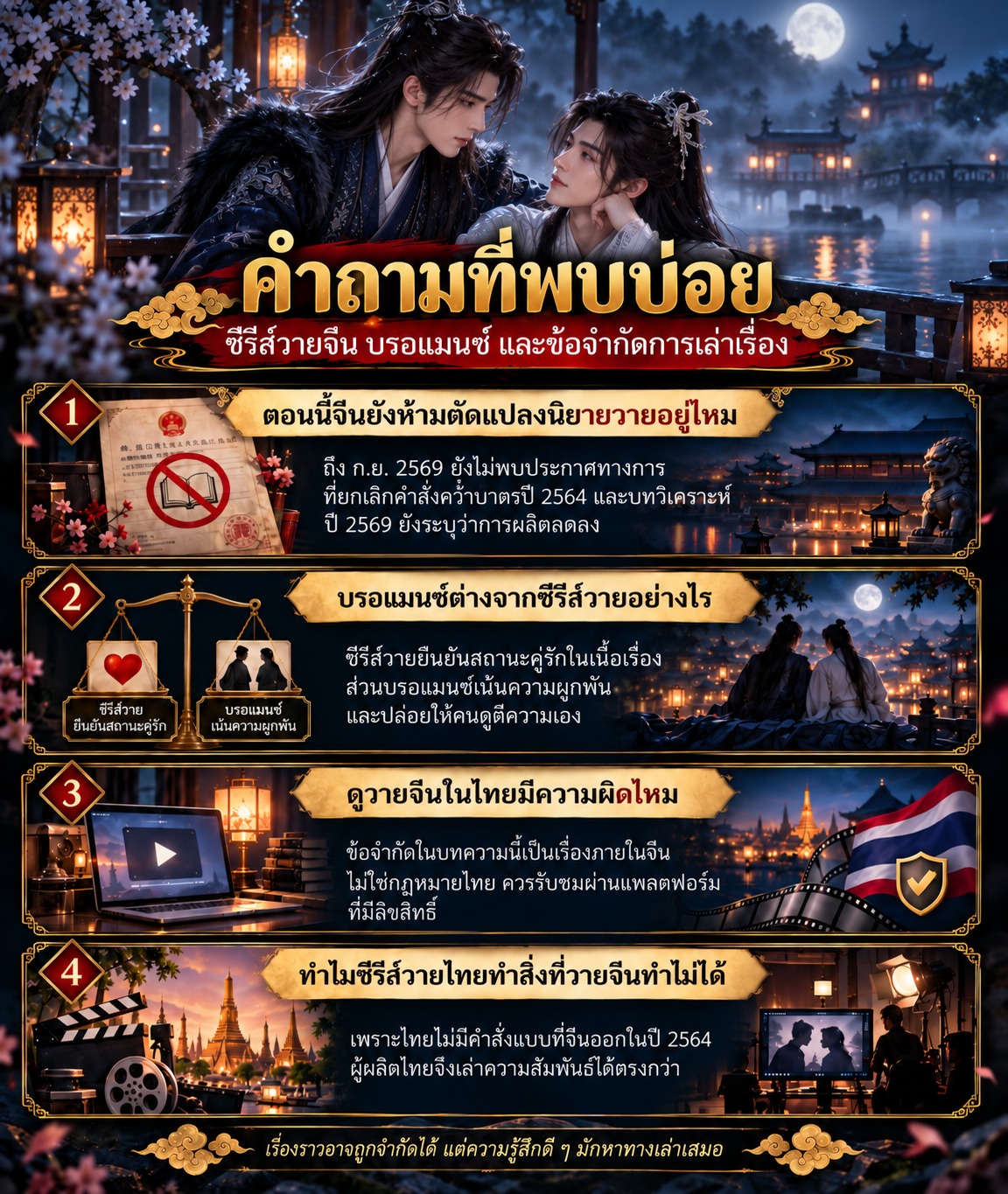 ภาพคำถามที่พบบ่อยเกี่ยวกับซีรีส์วายจีน ใช้ภาพชายสองคนในชุดย้อนยุคด้านบน และสรุปประเด็นเรื่องข้อจำกัดการดัดแปลงนิยายวาย ความต่างระหว่างบรอแมนซ์กับวาย และการรับชมในไทย